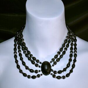 Vintage Black Beaded Bib Multi Strand Necklace made in West Germany